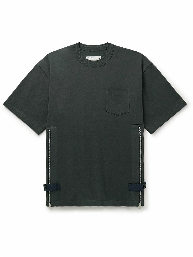 Photo: Sacai - Grosgrain-Trimmed Button and Zip-Detailed Cotton-Jersey T-Shirt - Gray