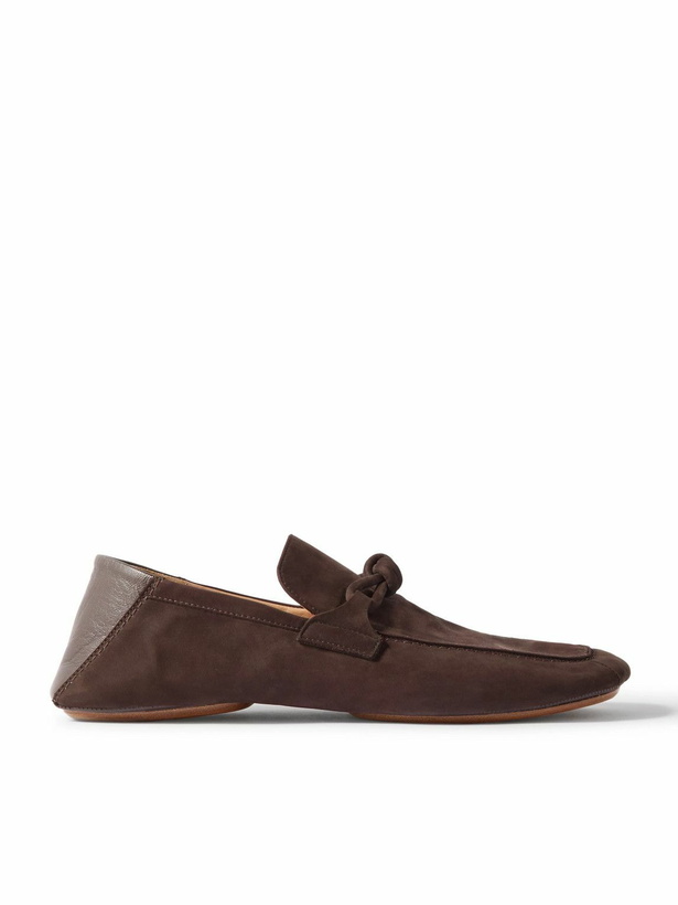 Photo: Bottega Veneta - Knot-Detailed Leather-Trimmed Textured-Nubuck Loafers - Brown