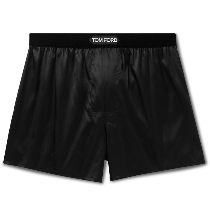 Photo: TOM FORD - Velvet-Trimmed Stretch-Silk Satin Boxer Shorts - Black