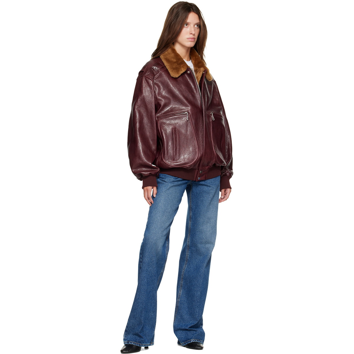 Rabanne Burgundy Textured Leather Bomber Jacket