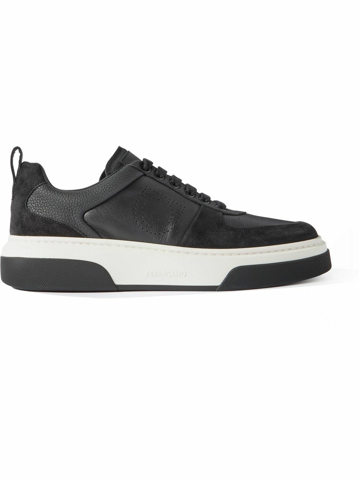 FERRAGAMO - Cassetta Suede-Trimmed Perforated Leather Sneakers - Black ...