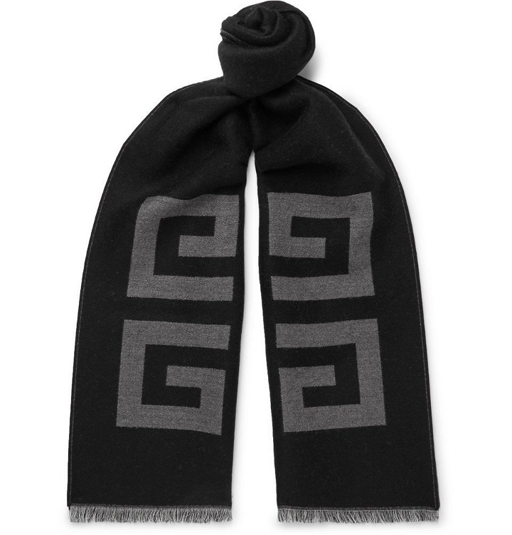Photo: Givenchy - Fringed Logo-Intarsia Wool and Silk-Blend Scarf - Black