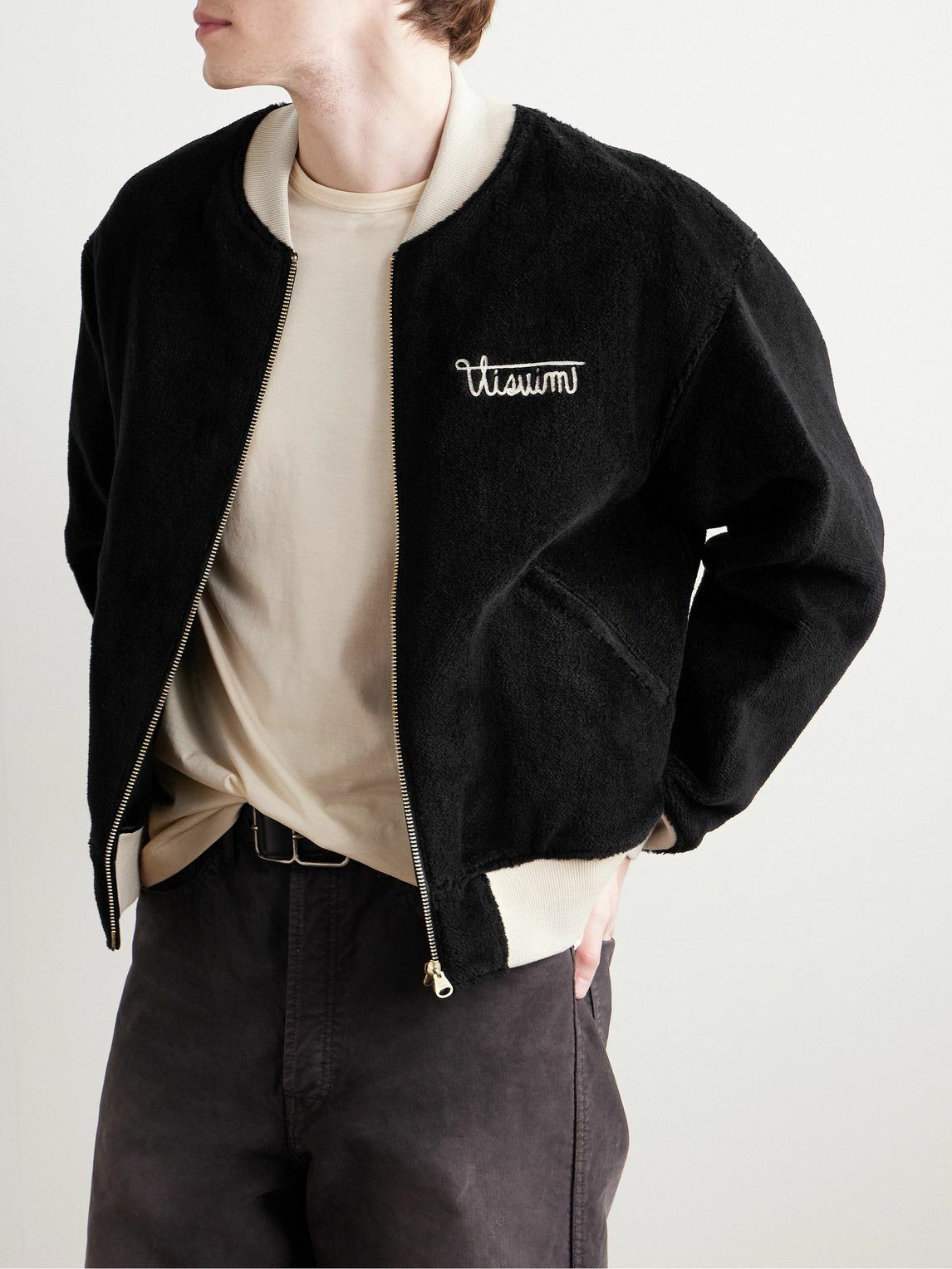 Visvim - Reversible Embroidered Wool-Fleece and Silk-Satin Bomber Jacket - Black