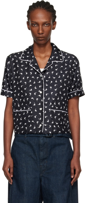 Photo: Moschino Black All Over Small Goose Print Silk Twill Blouse