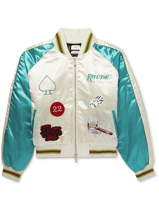 Photo: Rhude - Cropped Colour-Block Logo-Embroidered Satin Bomber Jacket - Neutrals