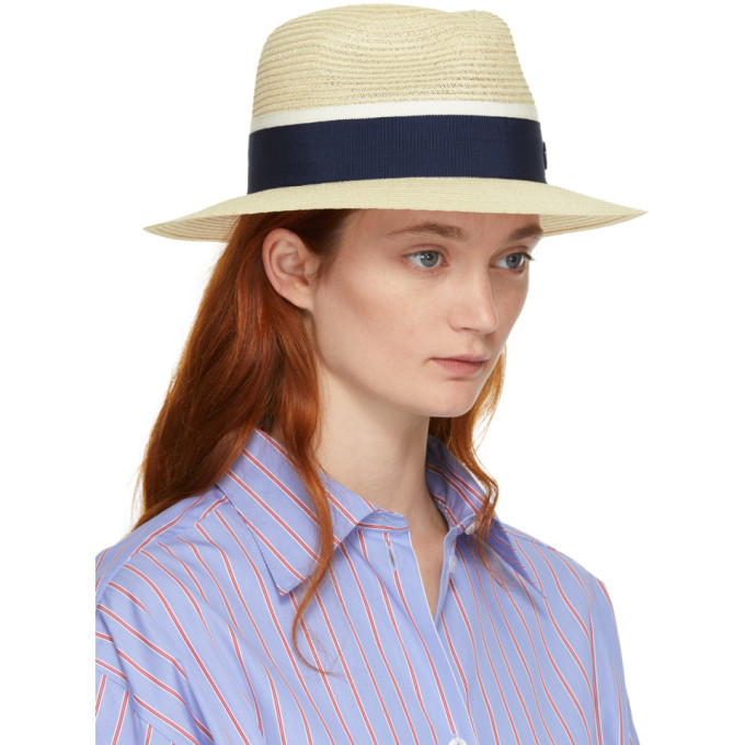 Maison Michel Beige and Navy Straw Henrietta Fedora Maison 
