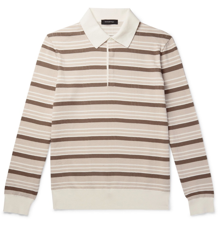 Photo: Ermenegildo Zegna - Striped Cotton and Silk-Blend Polo Shirt - Neutrals