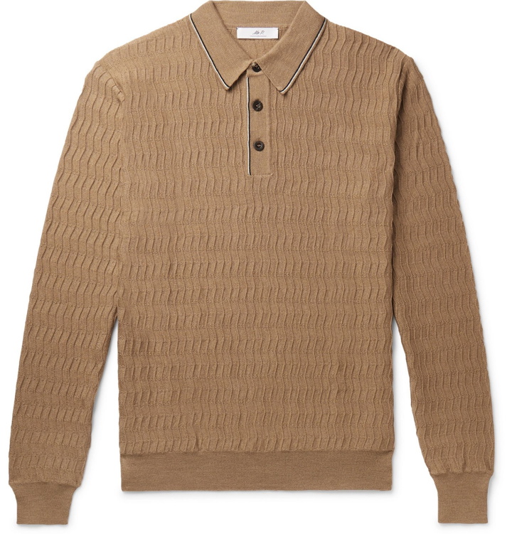 Photo: Mr P. - Contrast-Tipped Herringbone Virgin Wool Polo Shirt - Brown