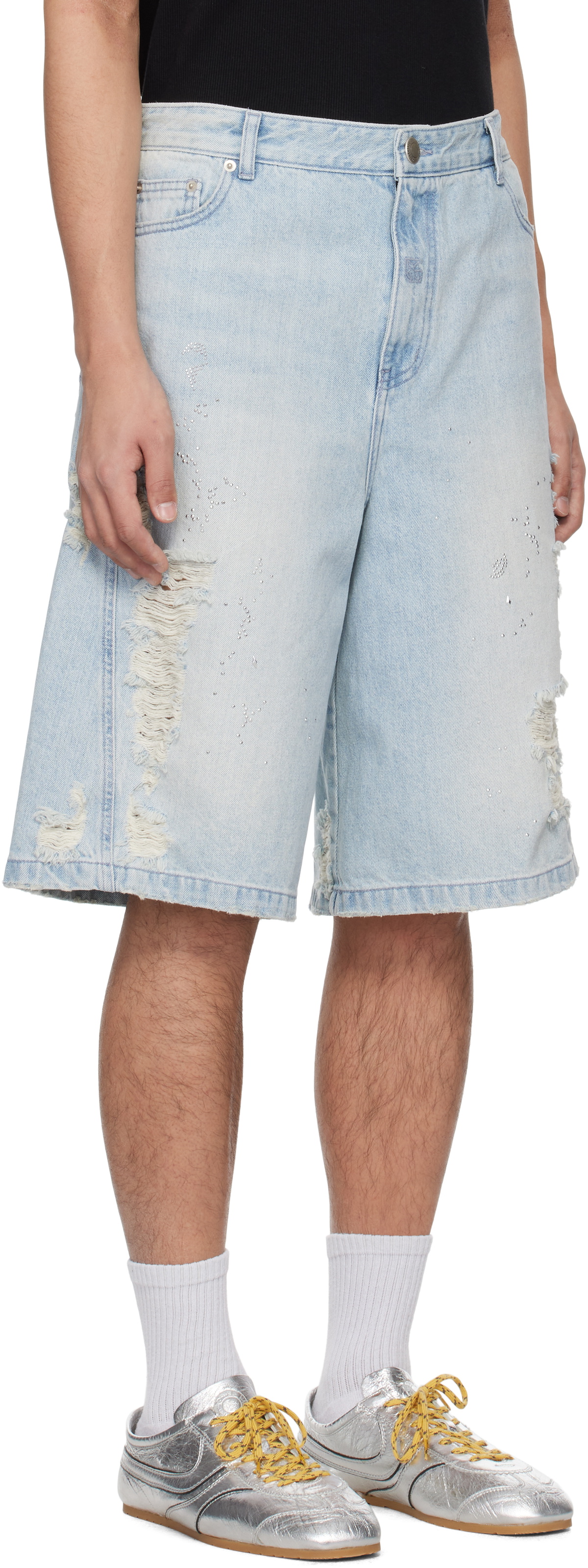 lesugiatelier Blue Crystal Embellished Ripped Denim Shorts