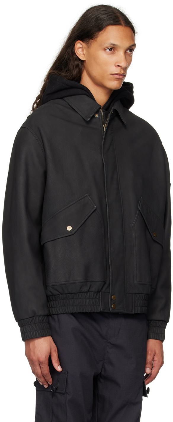 Hugo Black Pointed Collar Leather Bomber Jacket