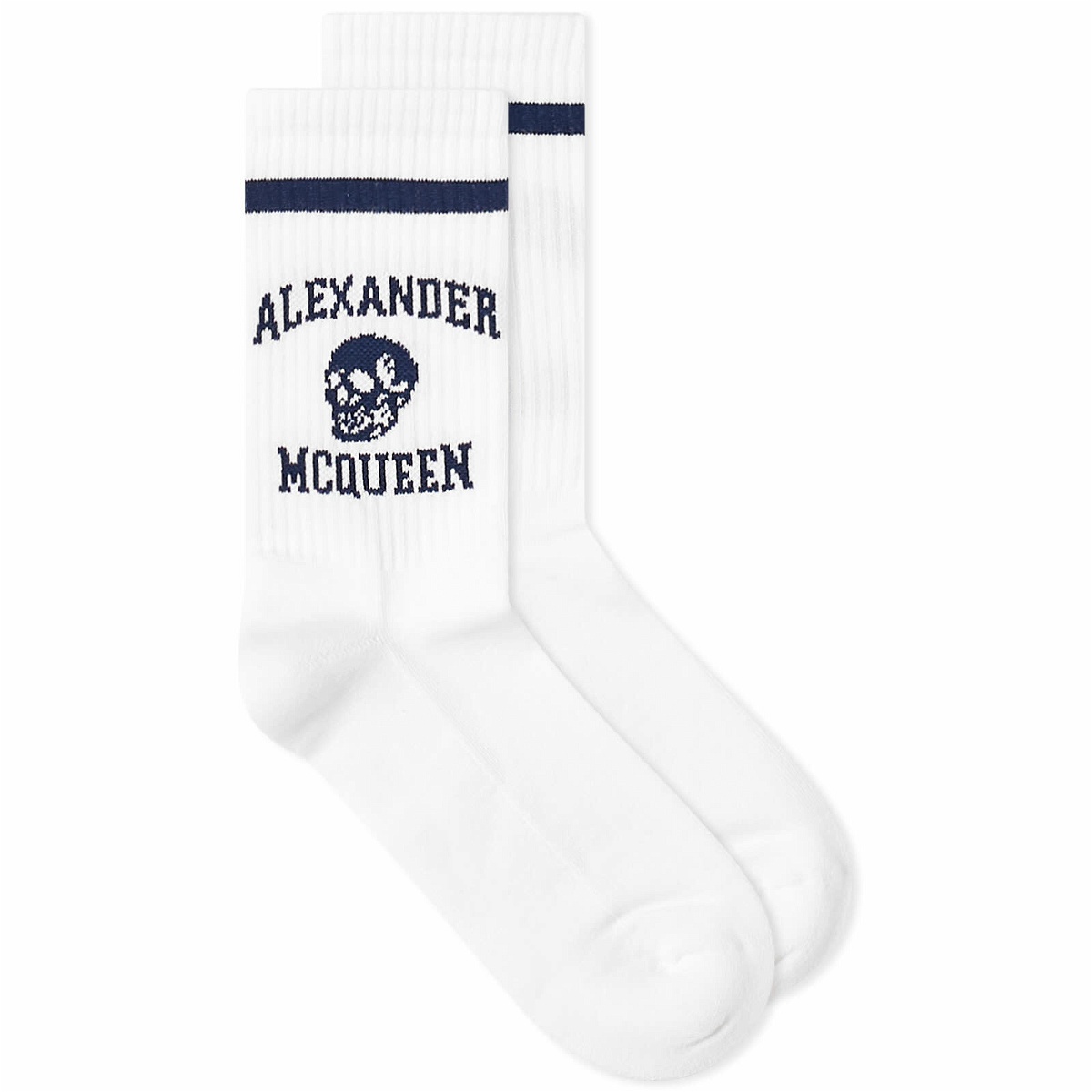 Photo: Alexander McQueen Men's Varsity Skull Logo Socks in White/Indigo