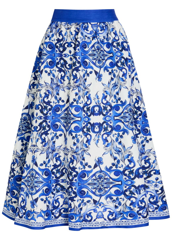 Photo: Alice + Olivia Earla Printed Linen-blend Midi Skirt Blue And White