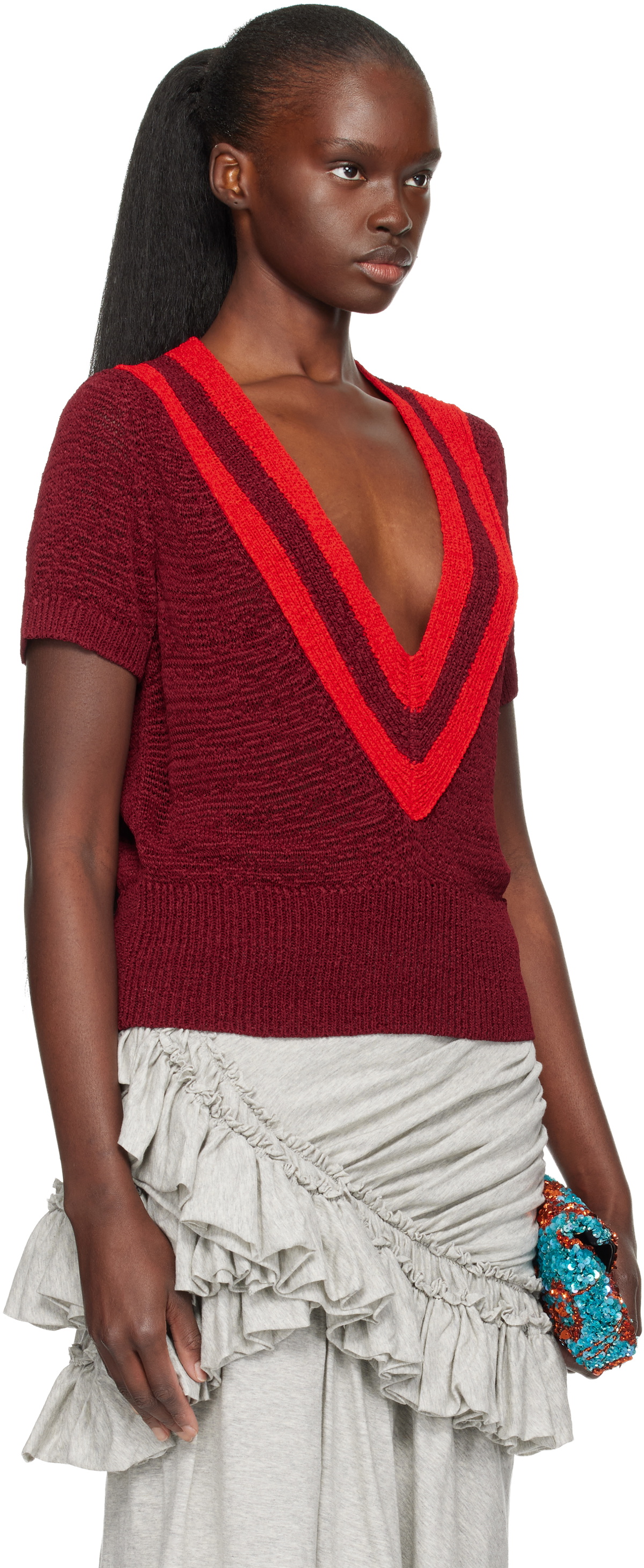 Dries Van Noten Burgundy V-Neck Knit Sweater