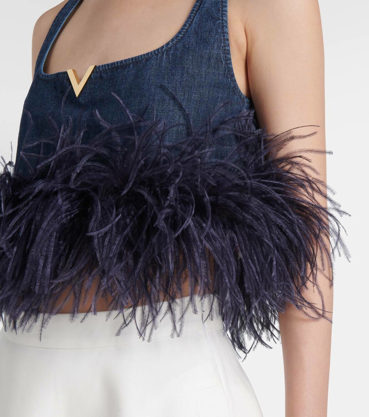 valentino-vgold-feather-trimmed-denim-bra-top-valentino