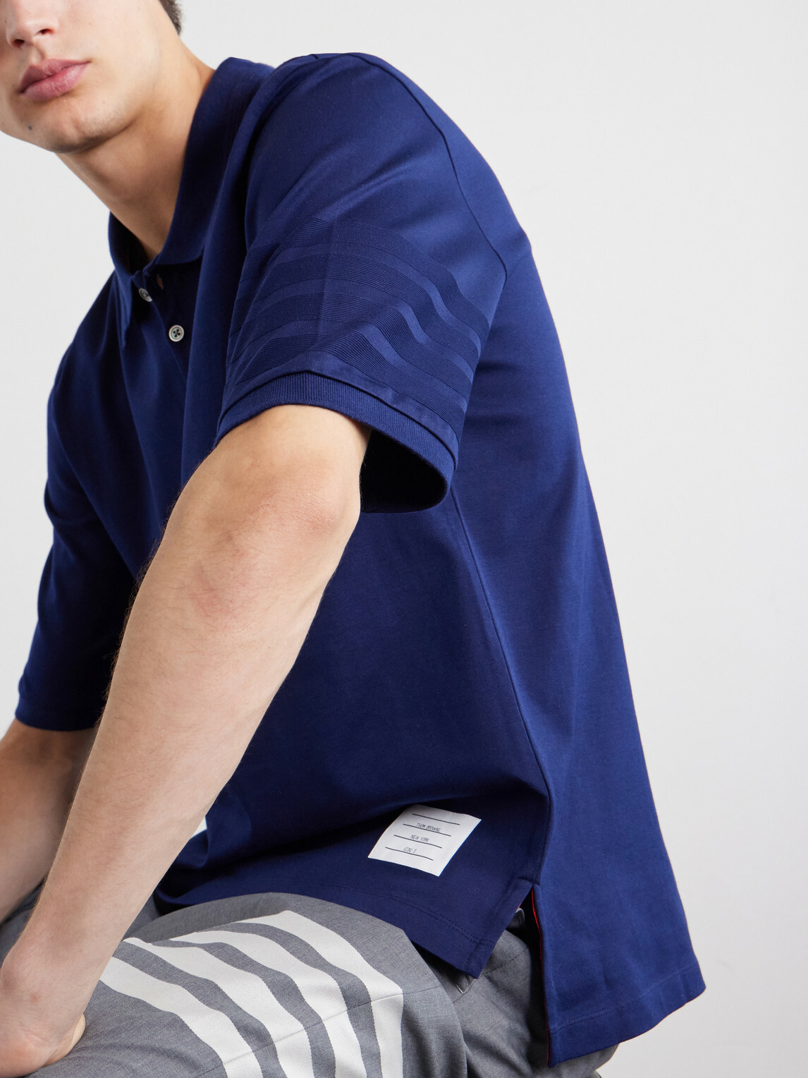 Thom Browne - Striped Logo-Appliqué Cotton-Jersey Polo Shirt - Blue