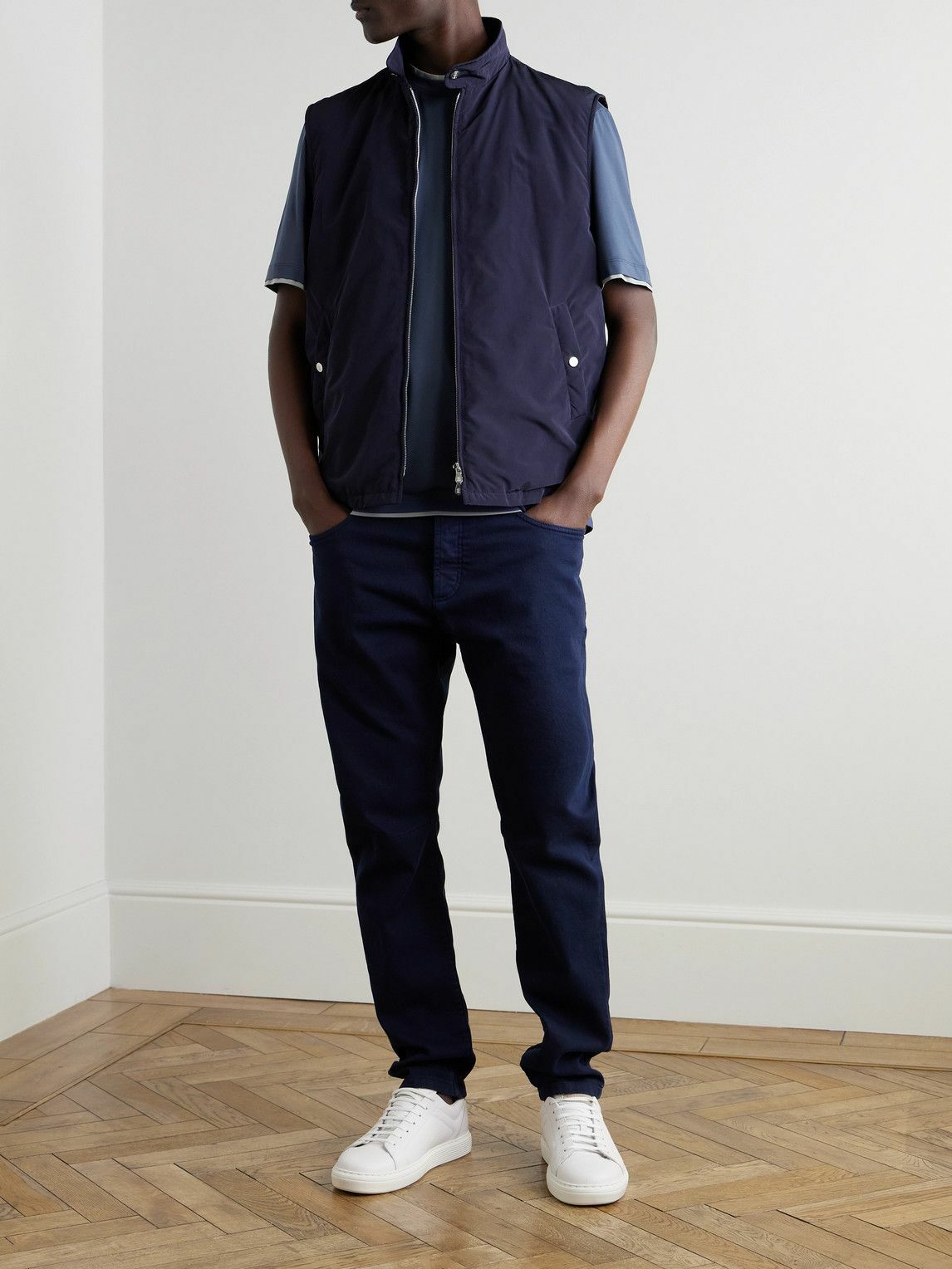 Brunello Cucinelli - Layered Logo-Print Tech-Jersey Tennis T-Shirt - Blue
