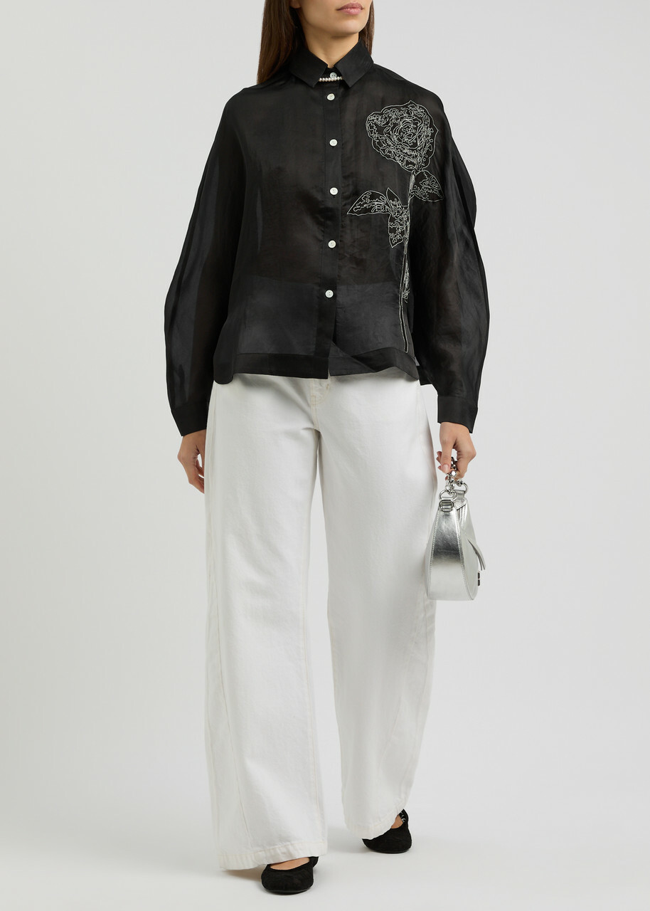 Lovebirds Embroidered Semi-sheer Silk-organza Shirt Black
