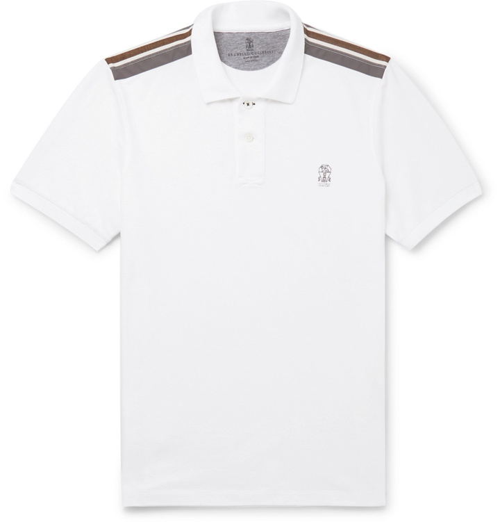 Photo: Brunello Cucinelli - Webbing and Shell-Trimmed Cotton-Piqué Polo Shirt - White