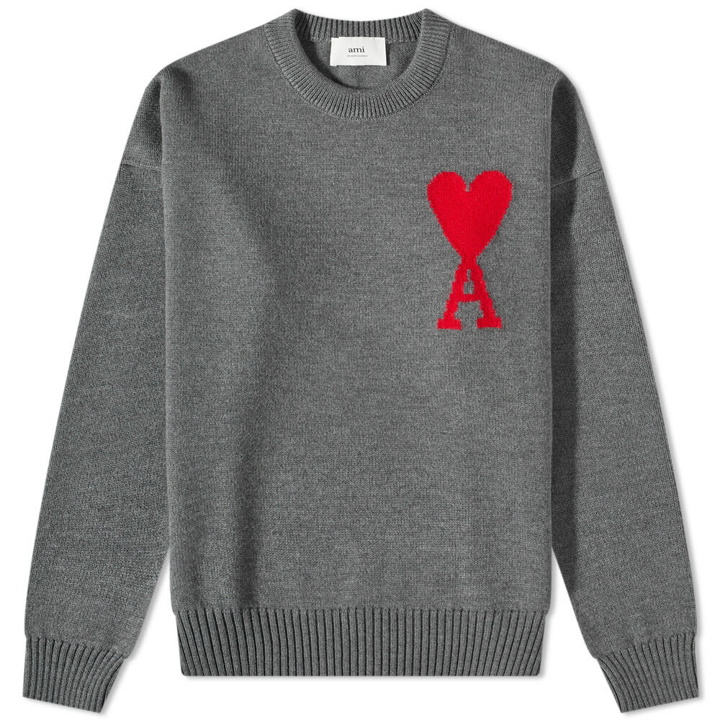 Photo: AMI Men's A Heart Crew Knit in Heather Grey/Red