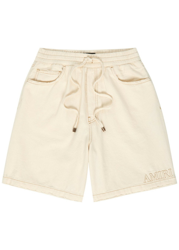 Photo: Amiri Logo-embossed Distressed Denim Shorts Ecru