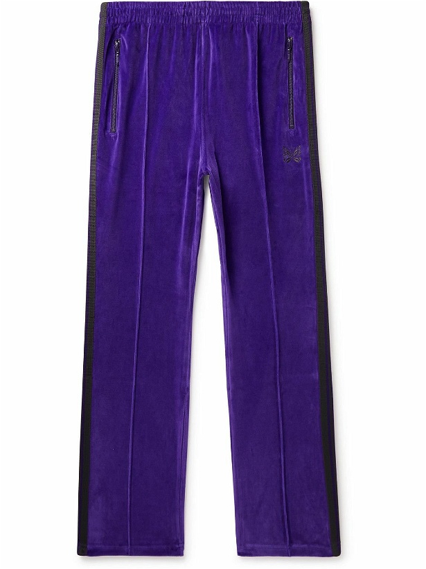 Photo: Needles - Webbing-Trimmed Logo-Embroidered Cotton-Blend Velour Track Pants - Purple
