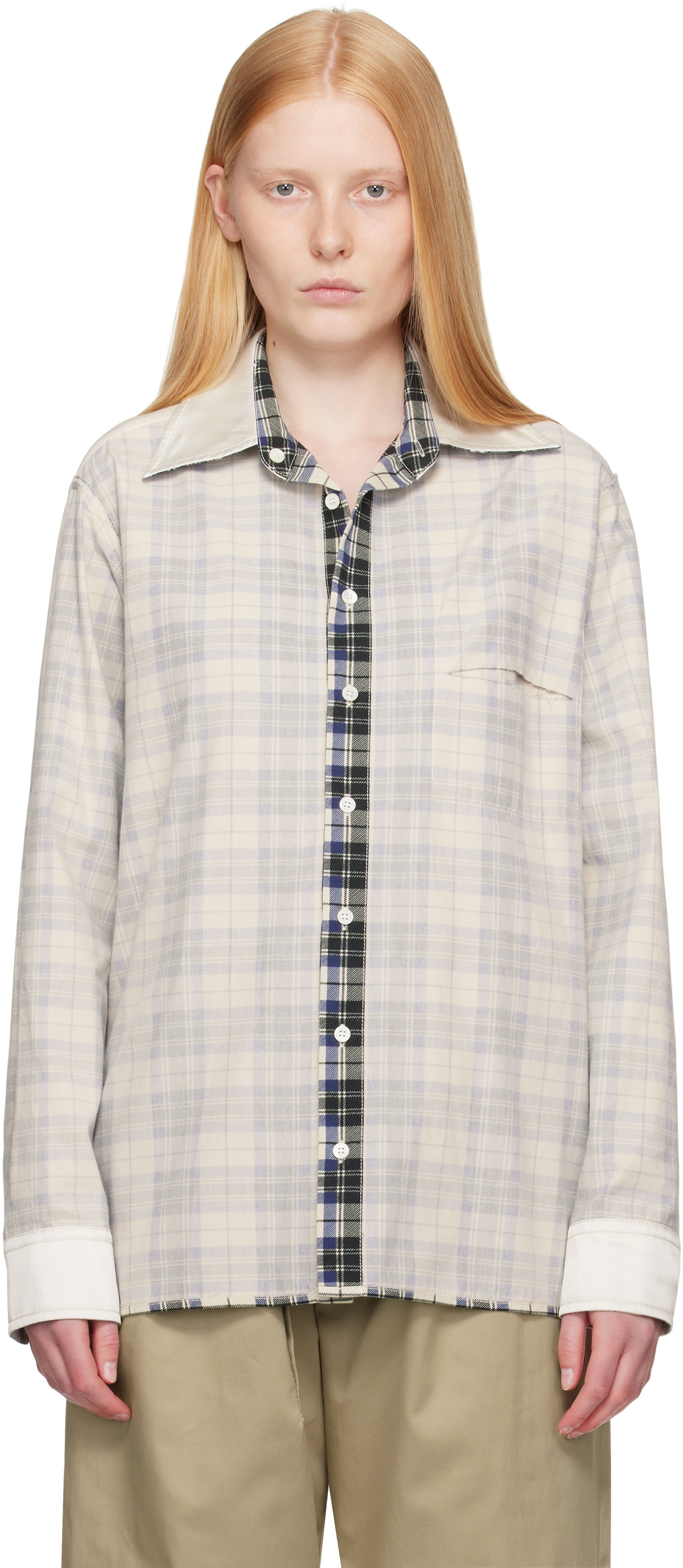 MM6 Maison Margiela Off-White Check Cotton Long-Sleeved Reversible