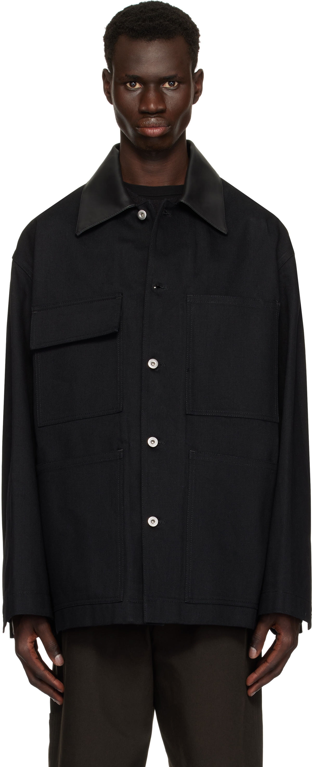 Jil Sander Black Leather Collar Denim Jacket Jil Sander