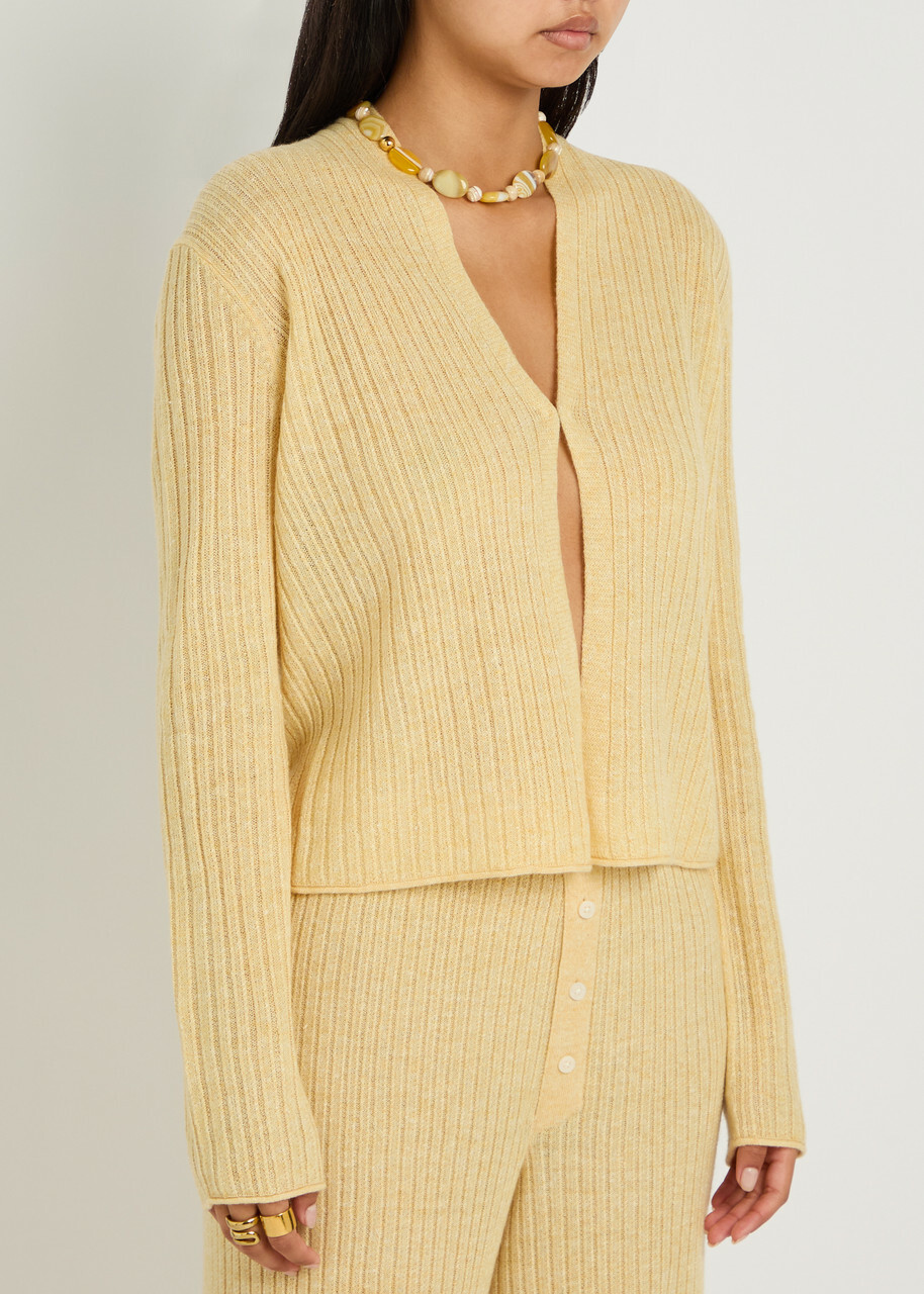Guest In Residence Stealth Ribbed Cashmere and Linen-blend Cardigan Yellow