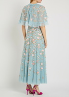 Needle & Thread Eden Rose Embroidered Cape-effect Tulle Gown Blue