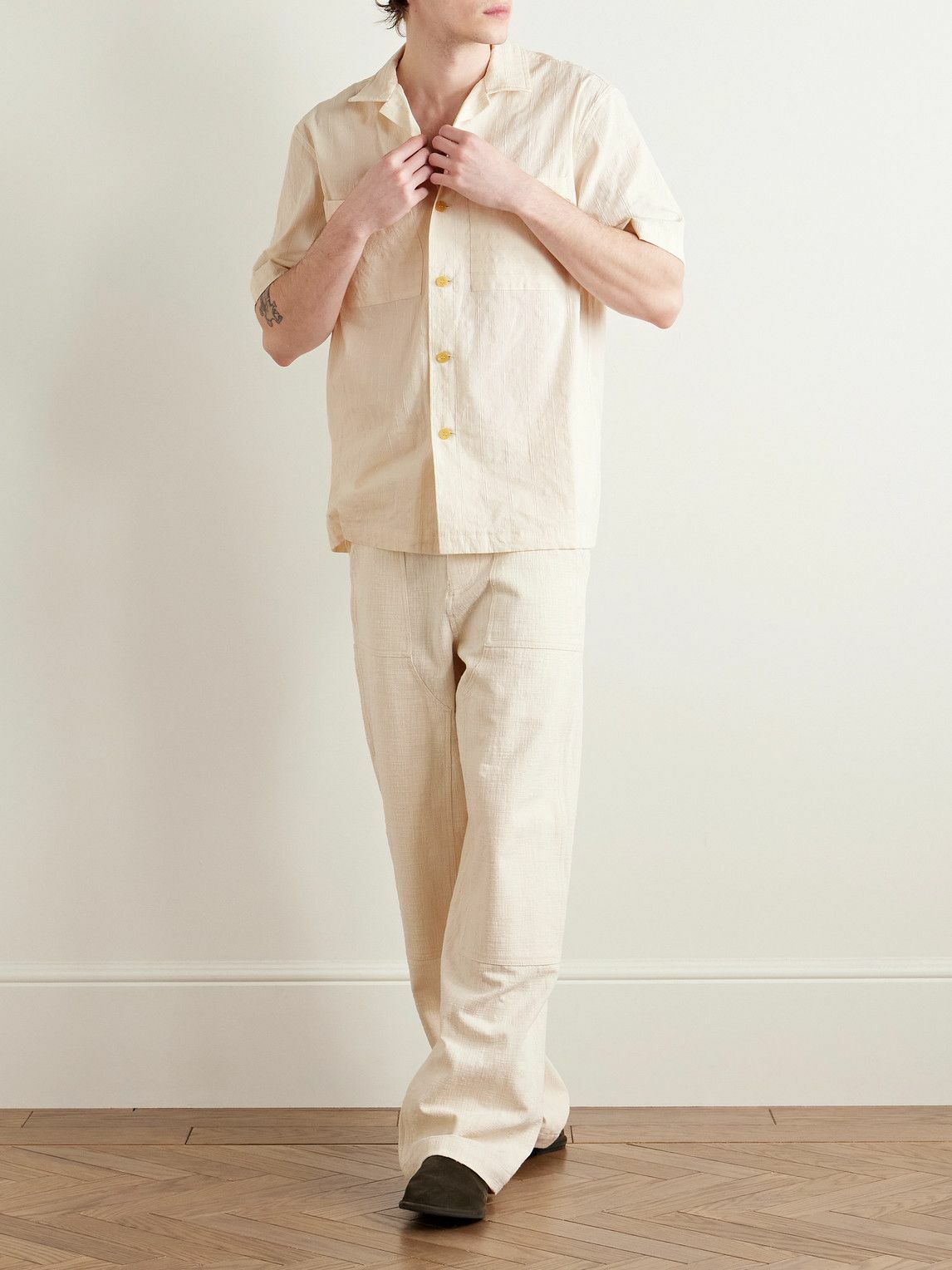MILES LEON - Rosa Camp-Collar Striped Tumbled Cotton and Linen-Blend Shirt - Neutrals