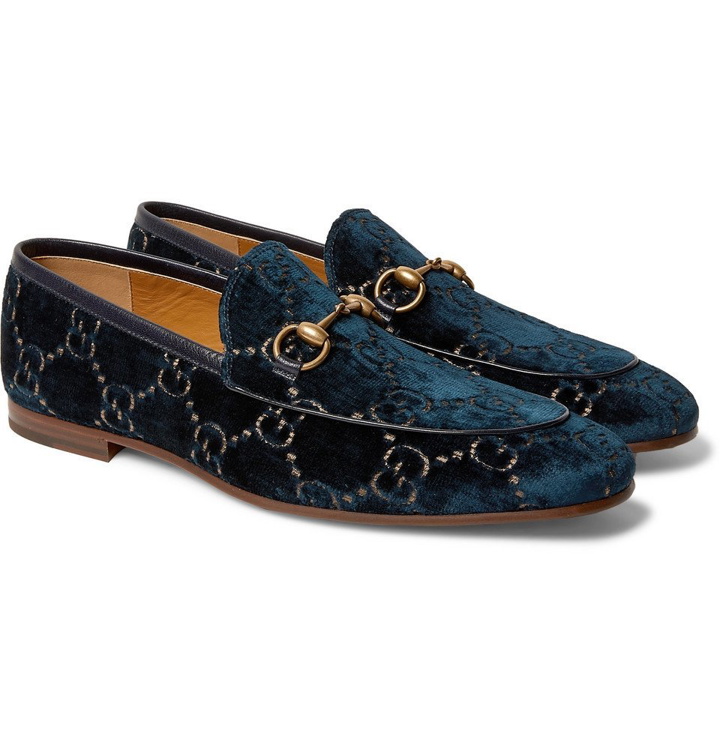 Photo: Gucci - New Jordaan Horsebit Leather-Trimmed Logo-Embroidered Velvet Loafers - Navy