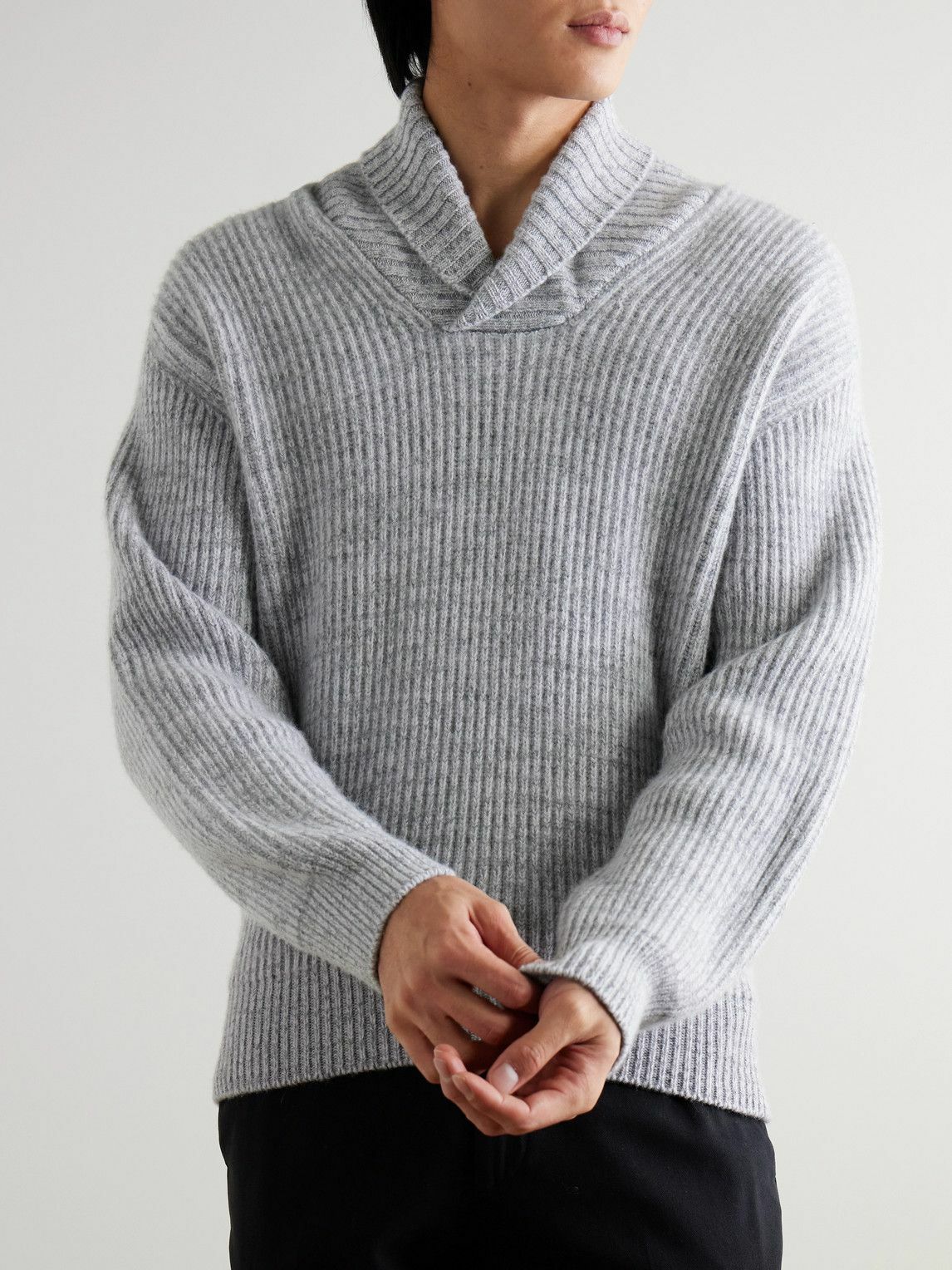 Kingsman - Shawl-Collar Ribbed Wool Sweater - Gray