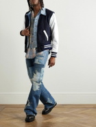 Greg Lauren - Slim-Fit Denim-Trimmed Satin Varsity Jacket - Blue