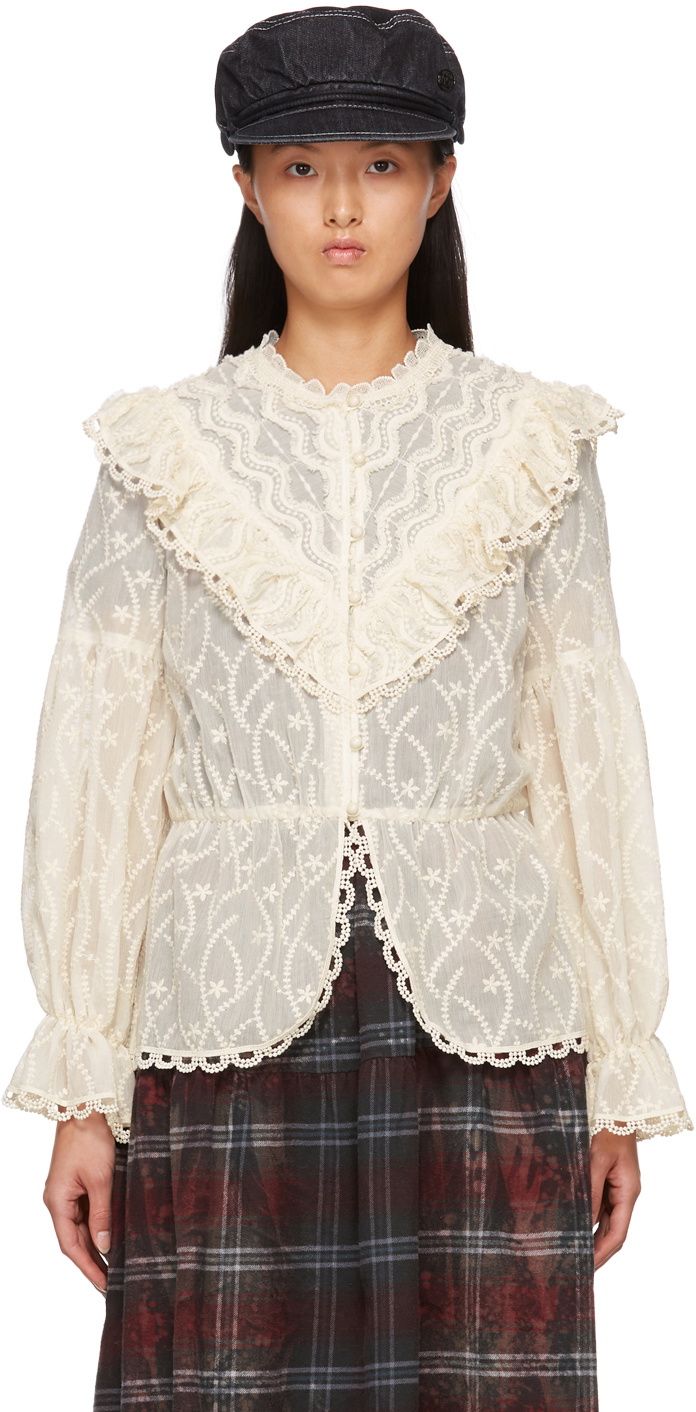 Anna Sui Off-White Botanical Lace Ruffle Blouse Anna Sui