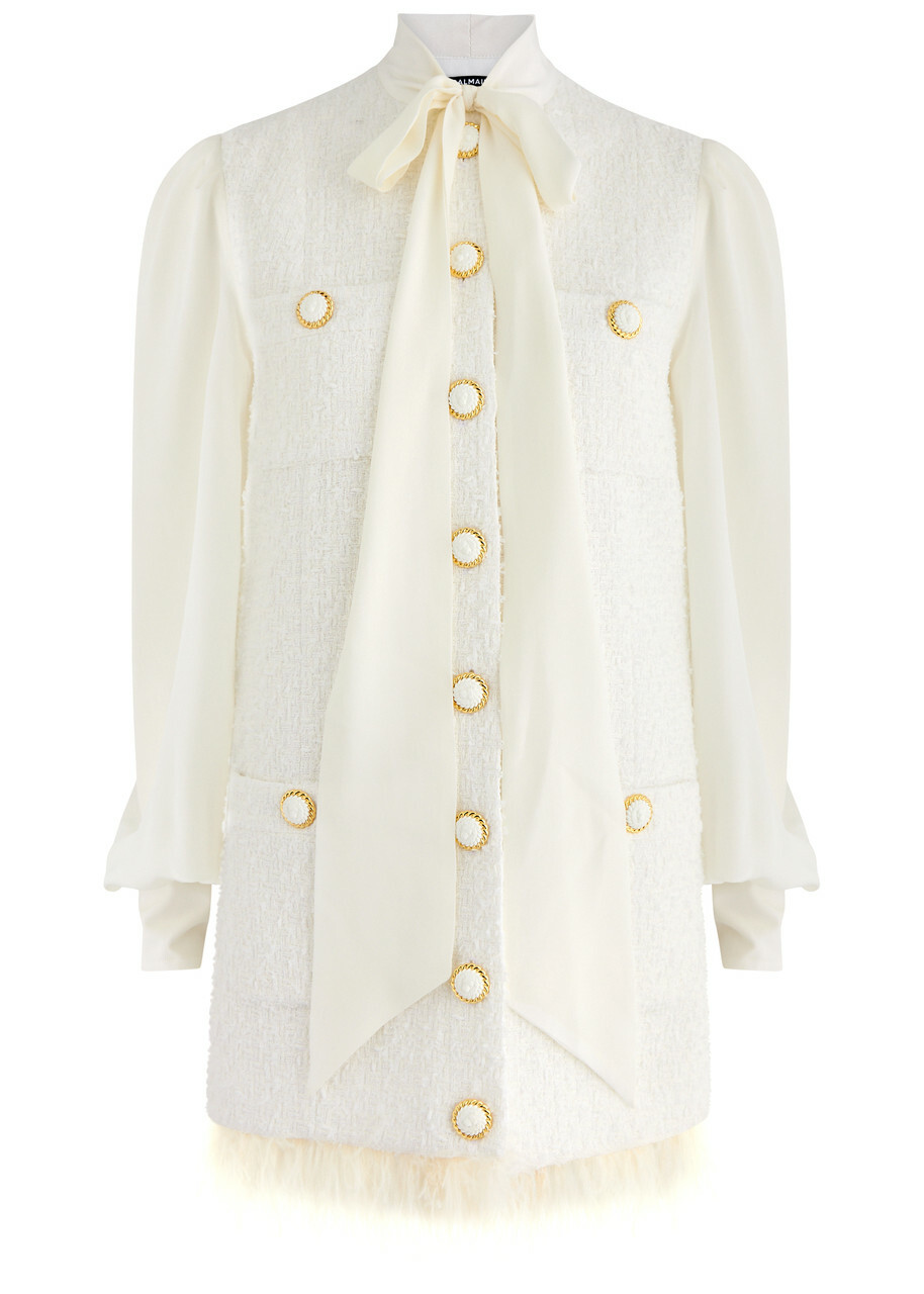 Balmain Feather trimmed Silk and Tweed Mini Dress White Balmain