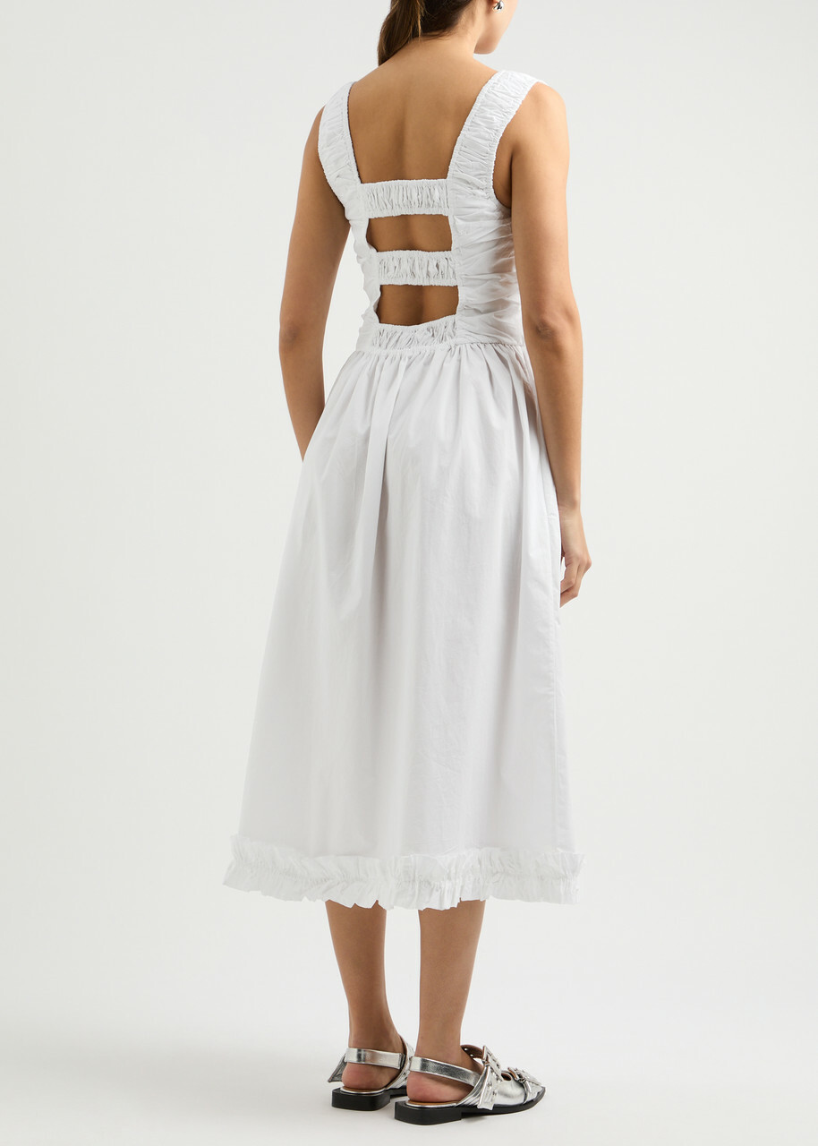 Ganni Smocked Cotton-poplin Midi Dress White GANNI