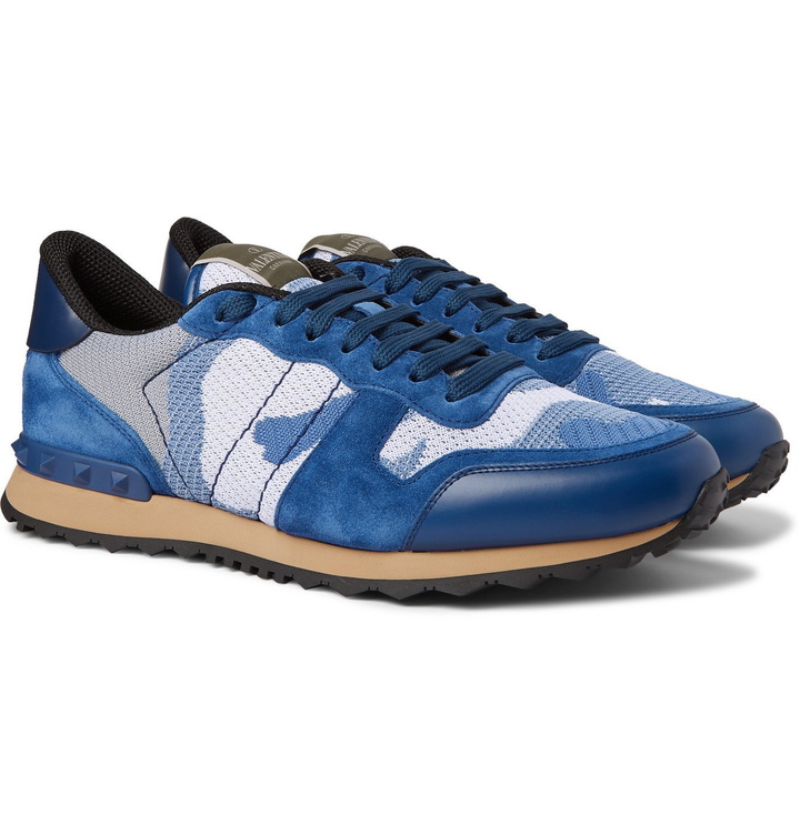 Photo: Valentino - Valentino Garavani Rockrunner Camouflage-Print Mesh, Leather and Suede Sneakers - Blue