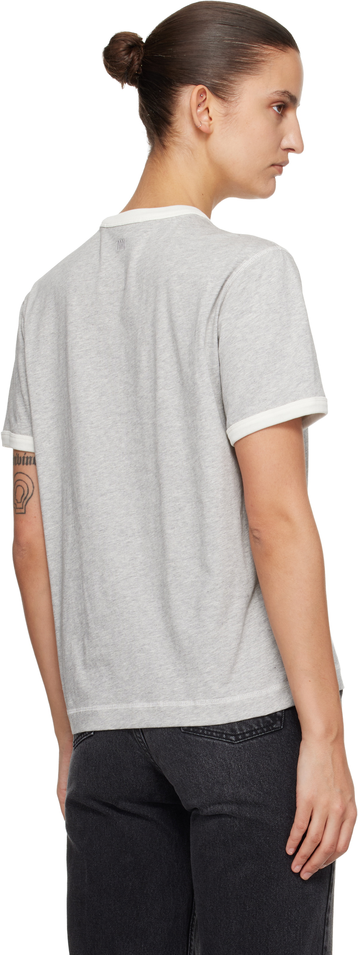 AMI Paris Gray Cotton 'Ami Paris' Knitted Patch T-shirt