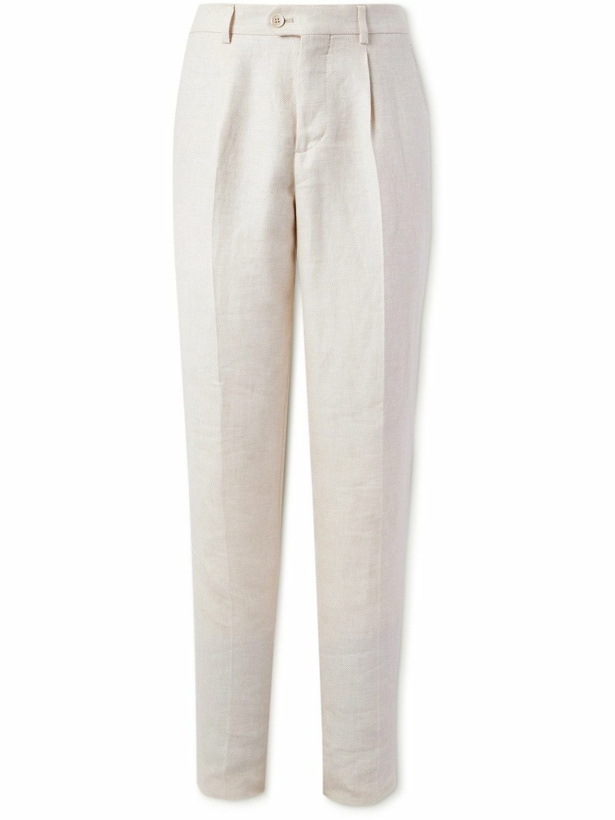 Photo: Brunello Cucinelli - Slim-Fit Tapered Pleated Linen, Wool and Silk-Blend Suit Trousers - Neutrals