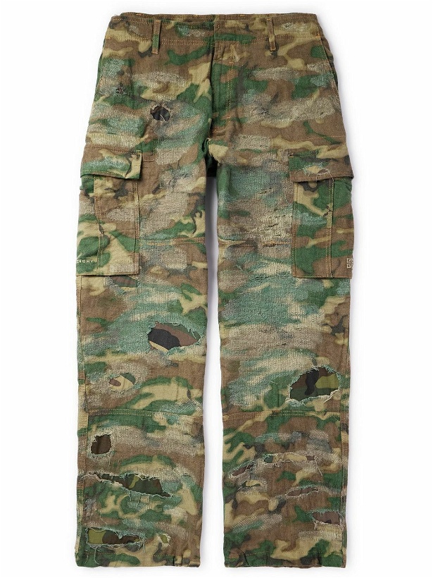 Photo: Givenchy - Straight-Leg Distressed Camouflage-Print Cotton Cargo Trousers - Green