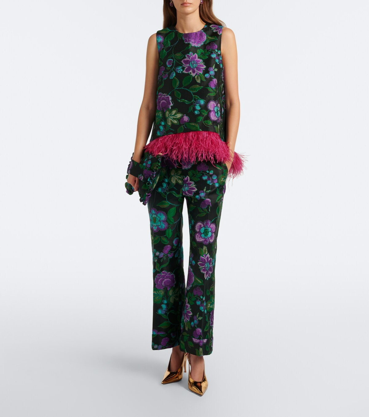 La DoubleJ La Scala feather-trimmed jacquard top