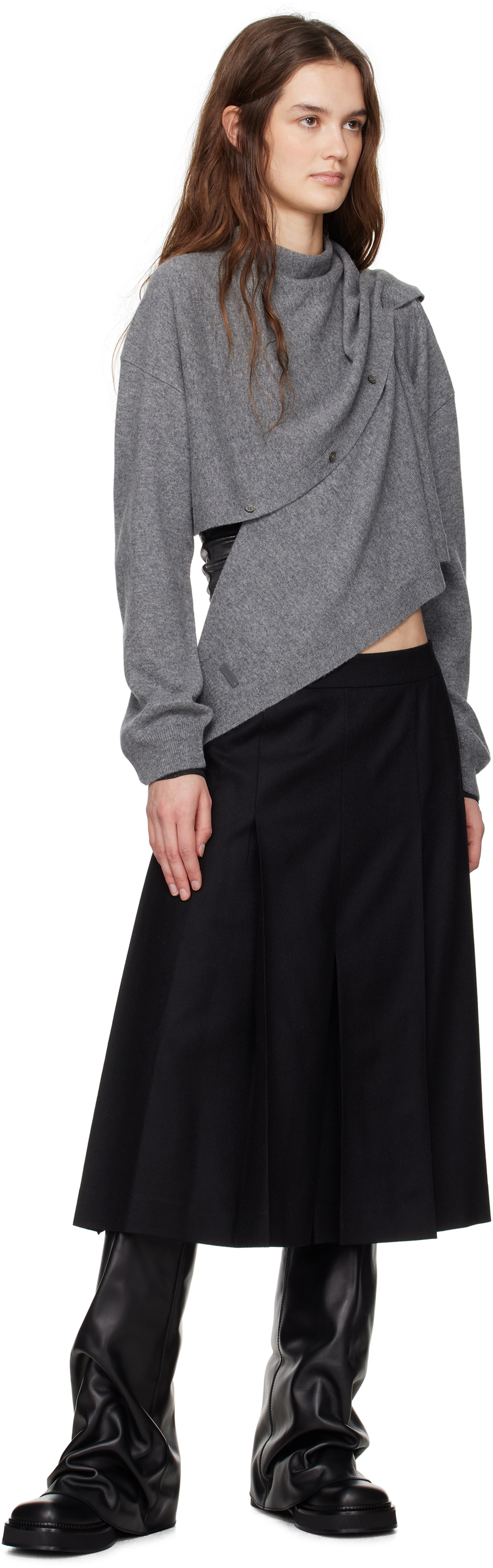 Juun.J Black Flannel Hidden Pleated Midi Skirt