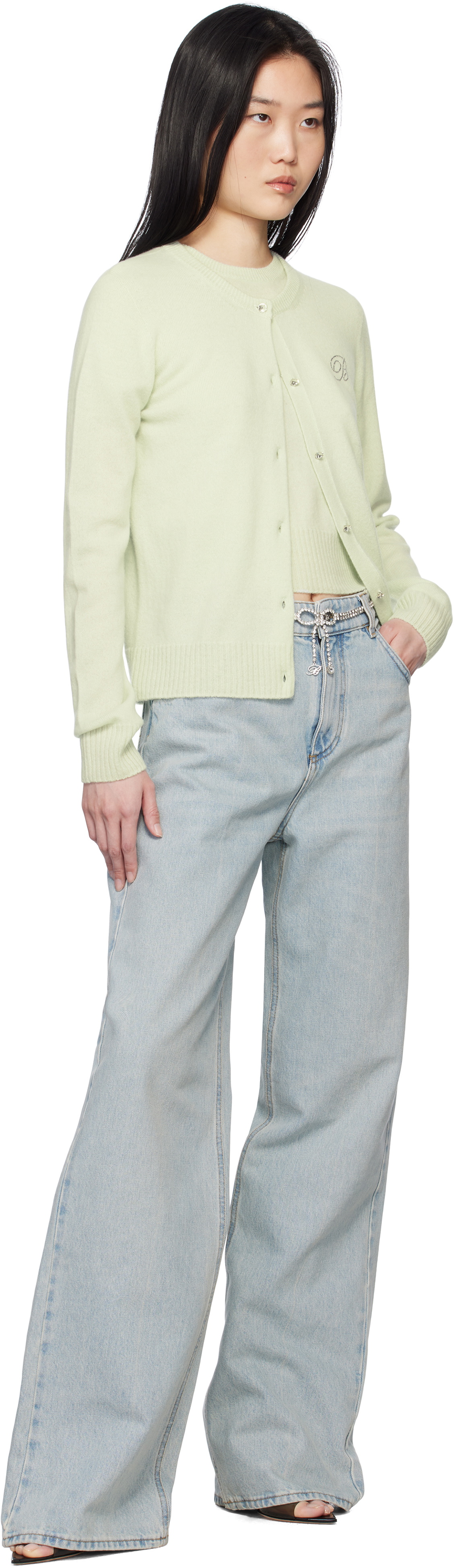 Green & Multicolour Cashmere Distressed Knit Cardigan