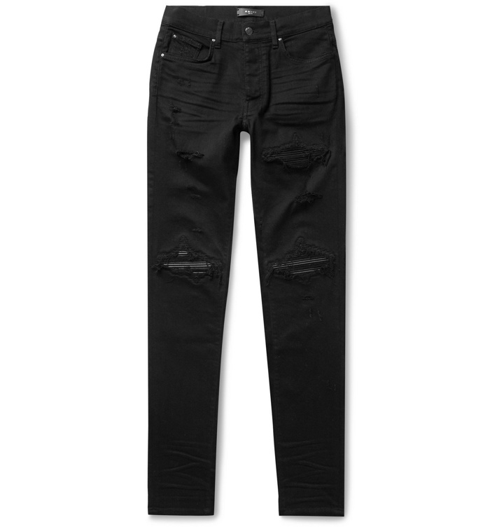 Photo: AMIRI - MX1 Skinny-Fit Distressed Leather-Panelled Stretch-Denim Jeans - Black