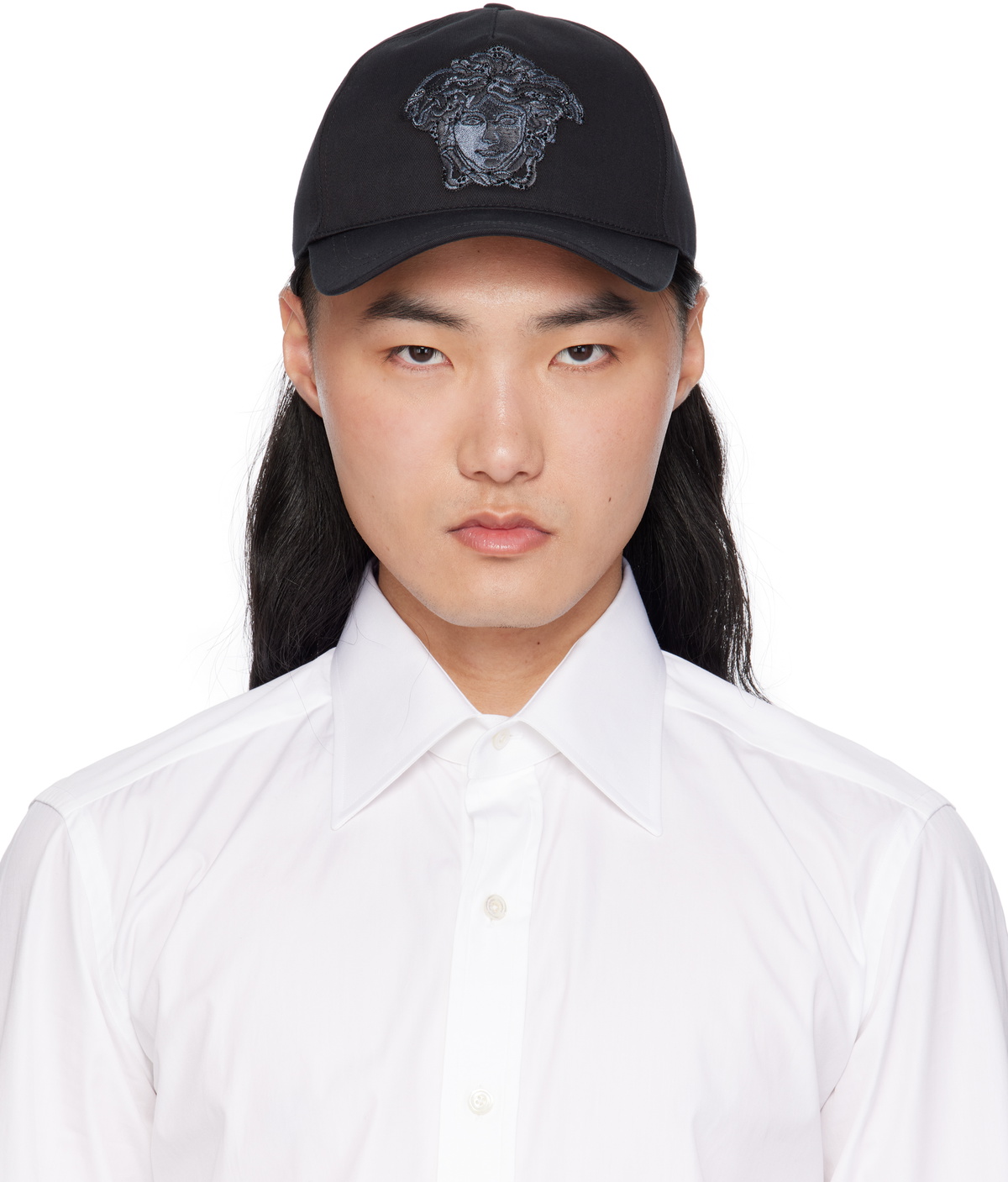 Versace★素敵！Logo Embroidery Black Baseball Cap Versace Medusa Logo Cap Black Adjustable Strapback Hat Made