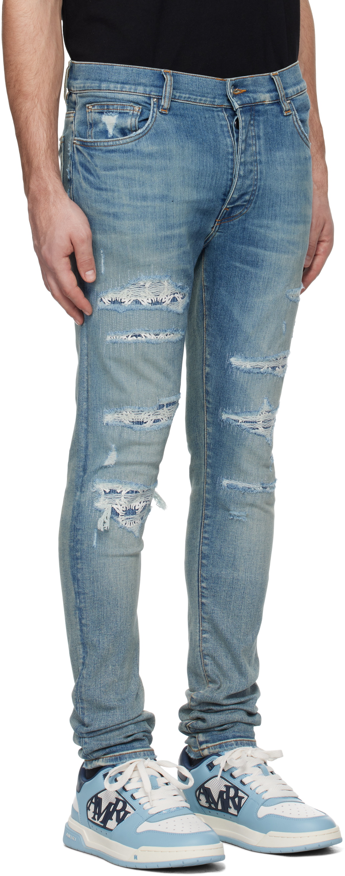 【関税込み】AMIRI ブルー MA Quad パッチ スリムジーンズ AMIRI Blue MA Quad Repaired Skinny Jeans Amiri