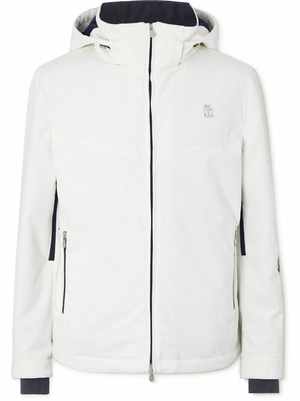 Photo: Brunello Cucinelli - Logo-Embroidered Cotton-Corduroy Hooded Ski Jacket - White