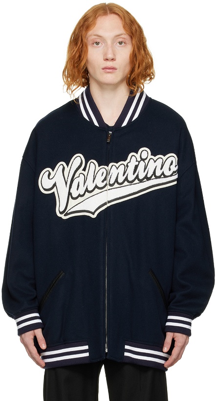 Photo: Valentino Navy Embroidered Bomber Jacket