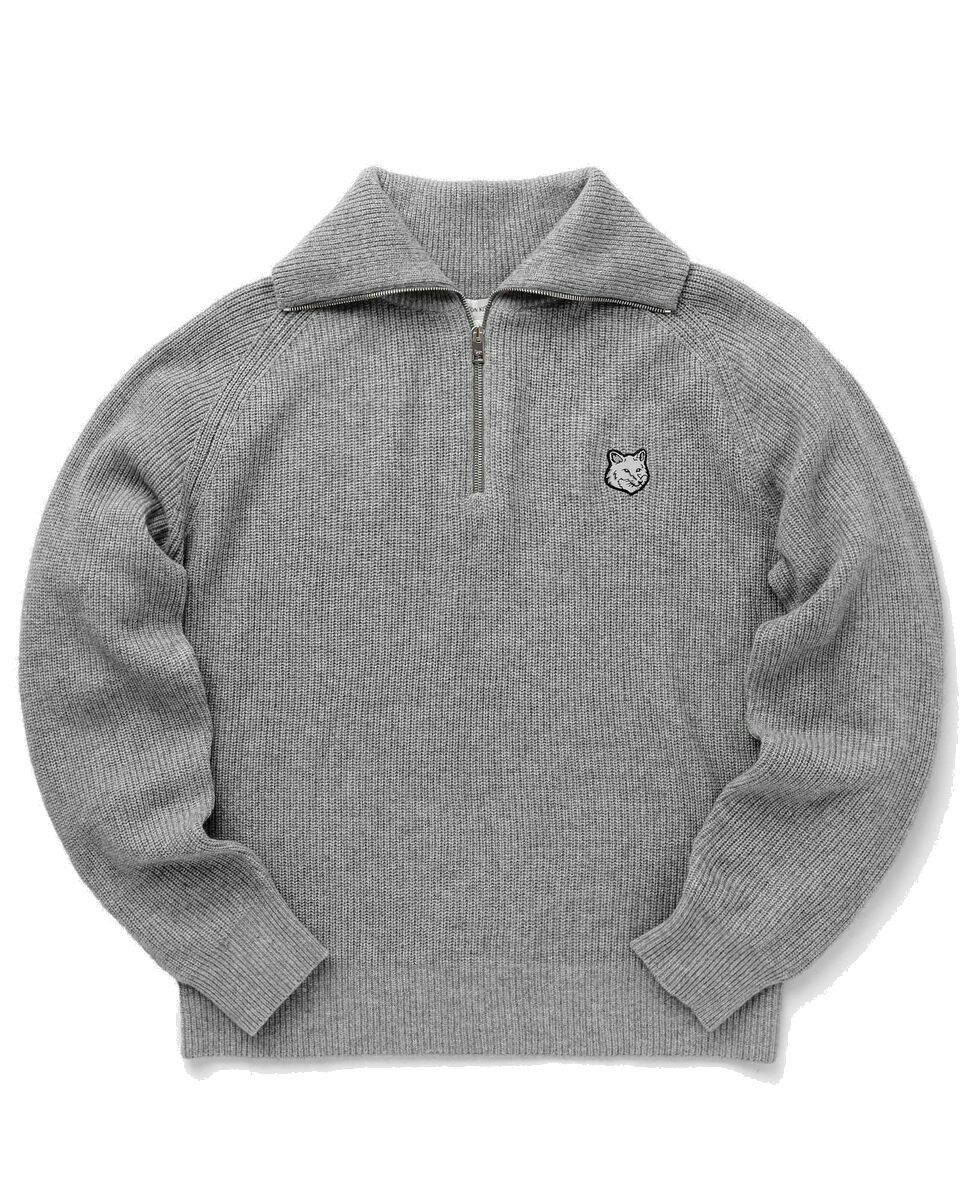 Photo: Maison Kitsune Tonal Fox Head Patch Half Zip Ribbed Jumper Grey - Mens - Pullovers