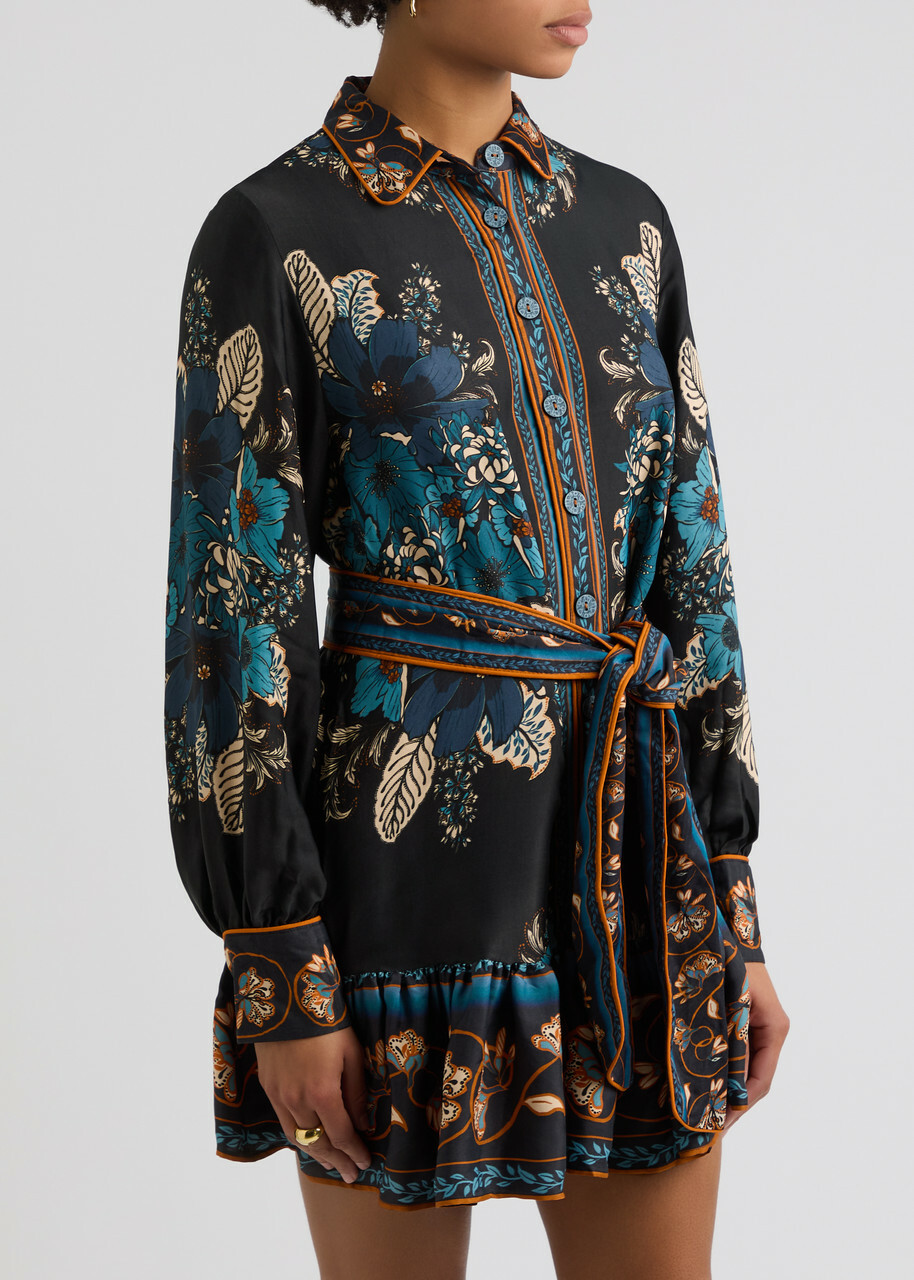 Farm Rio Blossom Tapestry Floral-print Satin Mini Dress Black Farm Rio